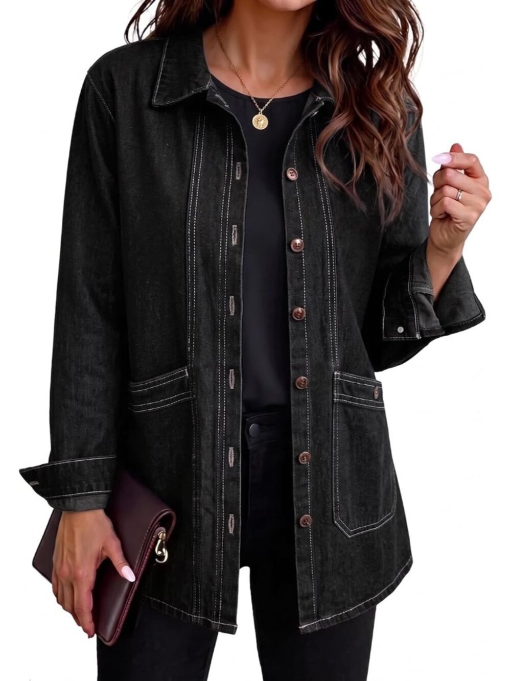 Women’s Black Oversized With Pockets Button Down Denim Jean Jacket Shacket